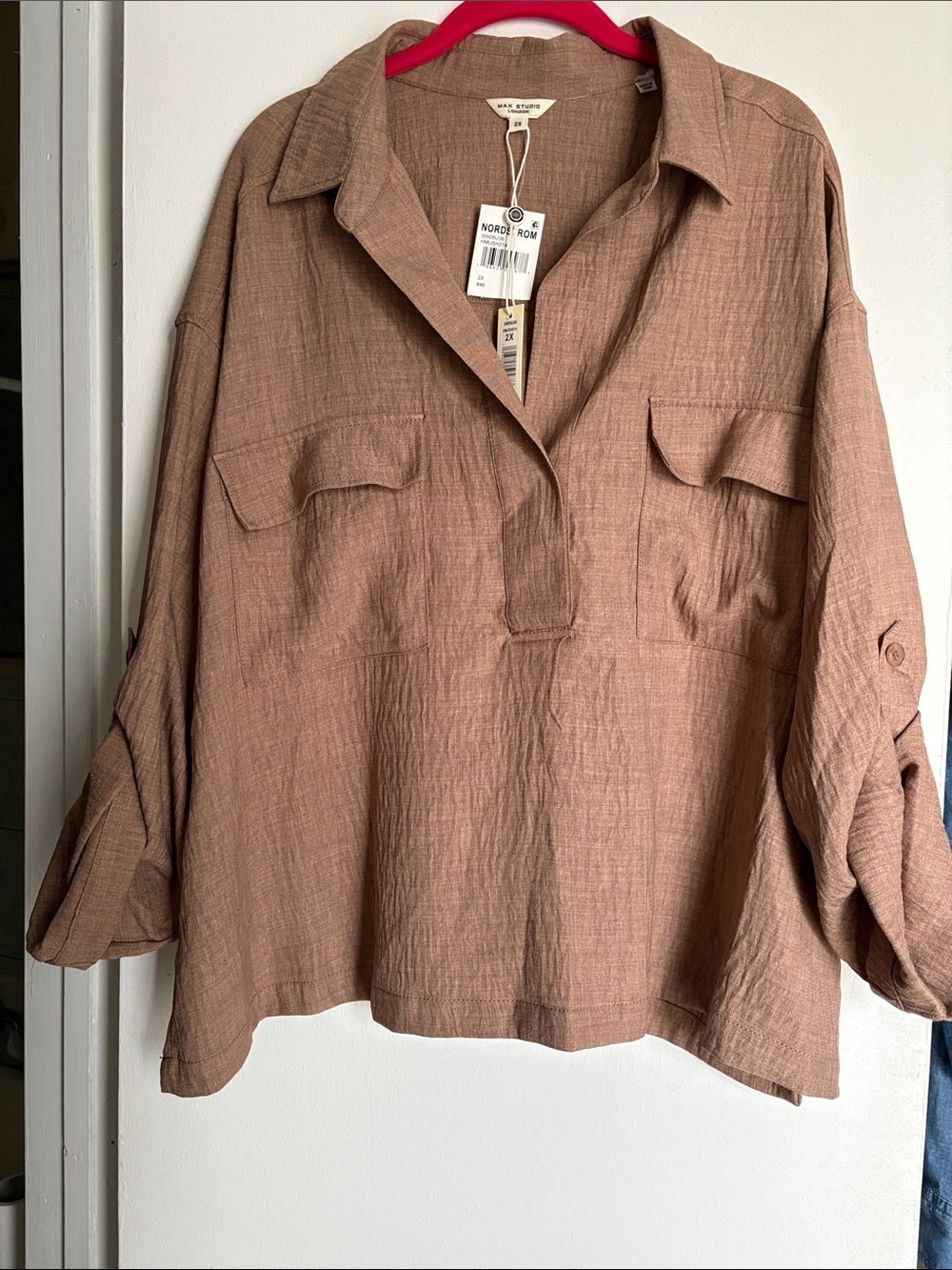 Max Studio Brown Button-Front Utility Shirt